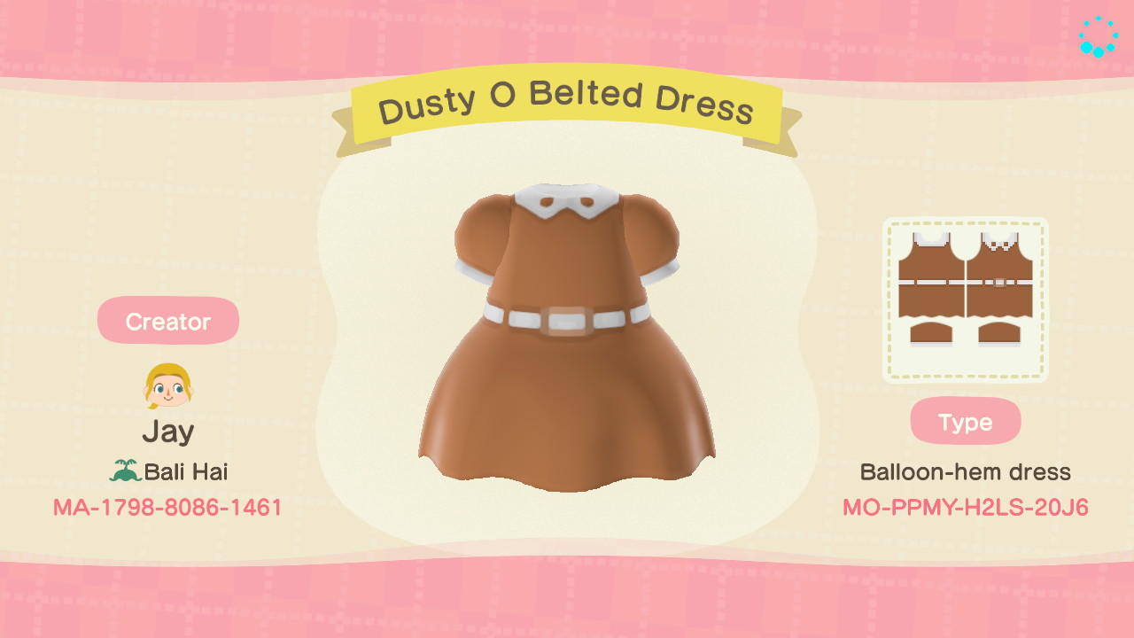 Animal Crossing Design Code: MO-PPMY-H2LS-20J6 Dusty O Belted Dress