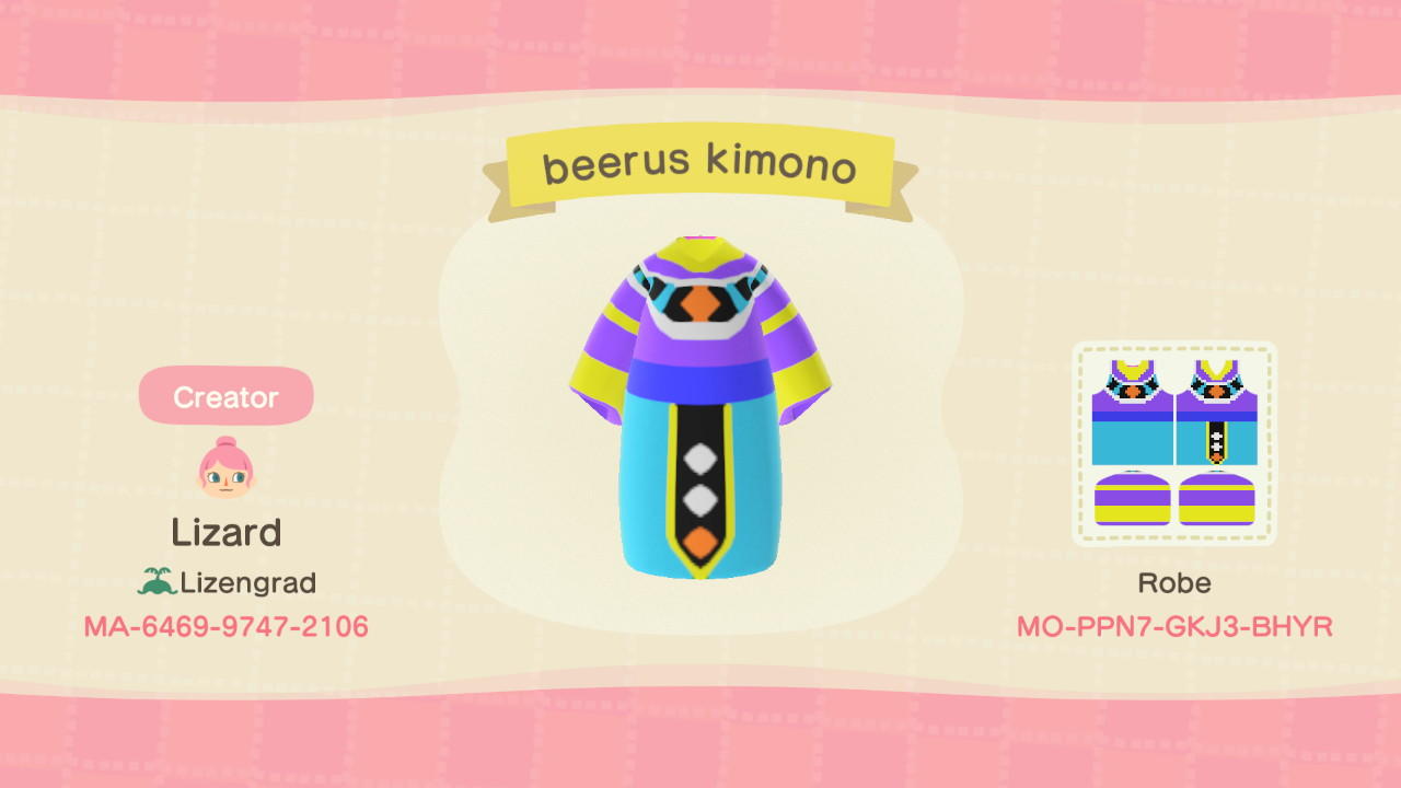 Animal Crossing Design Code: MO-PPN7-GKJ3-BHYR Beerus kimono