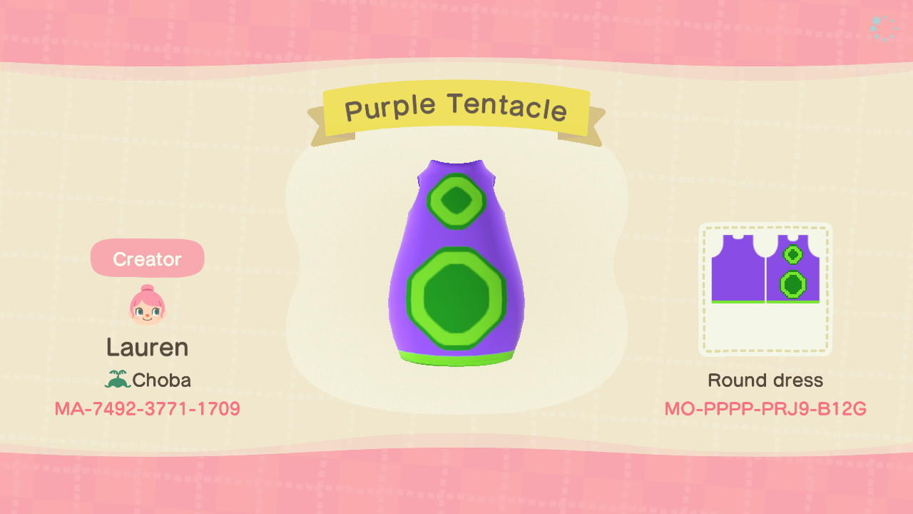 Animal Crossing Design Code: MO-PPPP-PRJ9-B12G Purple Tentacle Dres