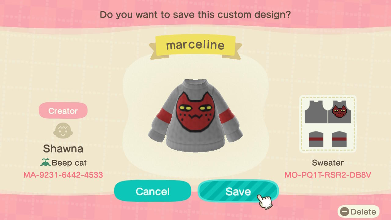 Animal Crossing Design Code: MO-PQ1T-RSR2-DB8V Marceline