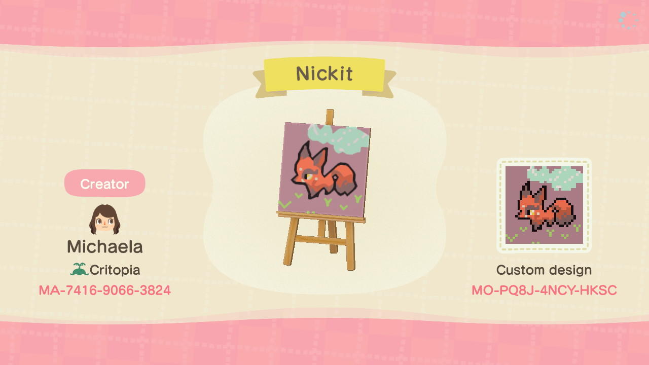 Animal Crossing Design Code: MO-PQ8J-4NCY-HKSC Nickit