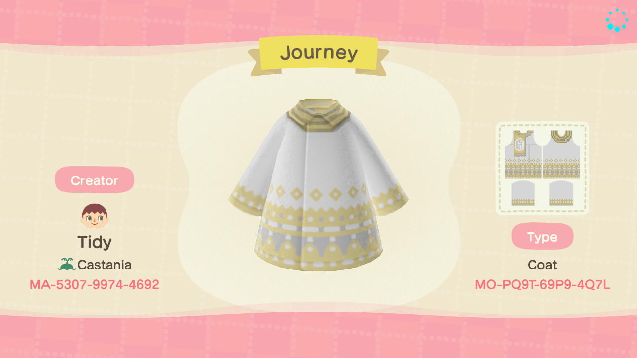 Animal Crossing Design Code: MO-PQ9T-69P9-4Q7L White Journey Coat