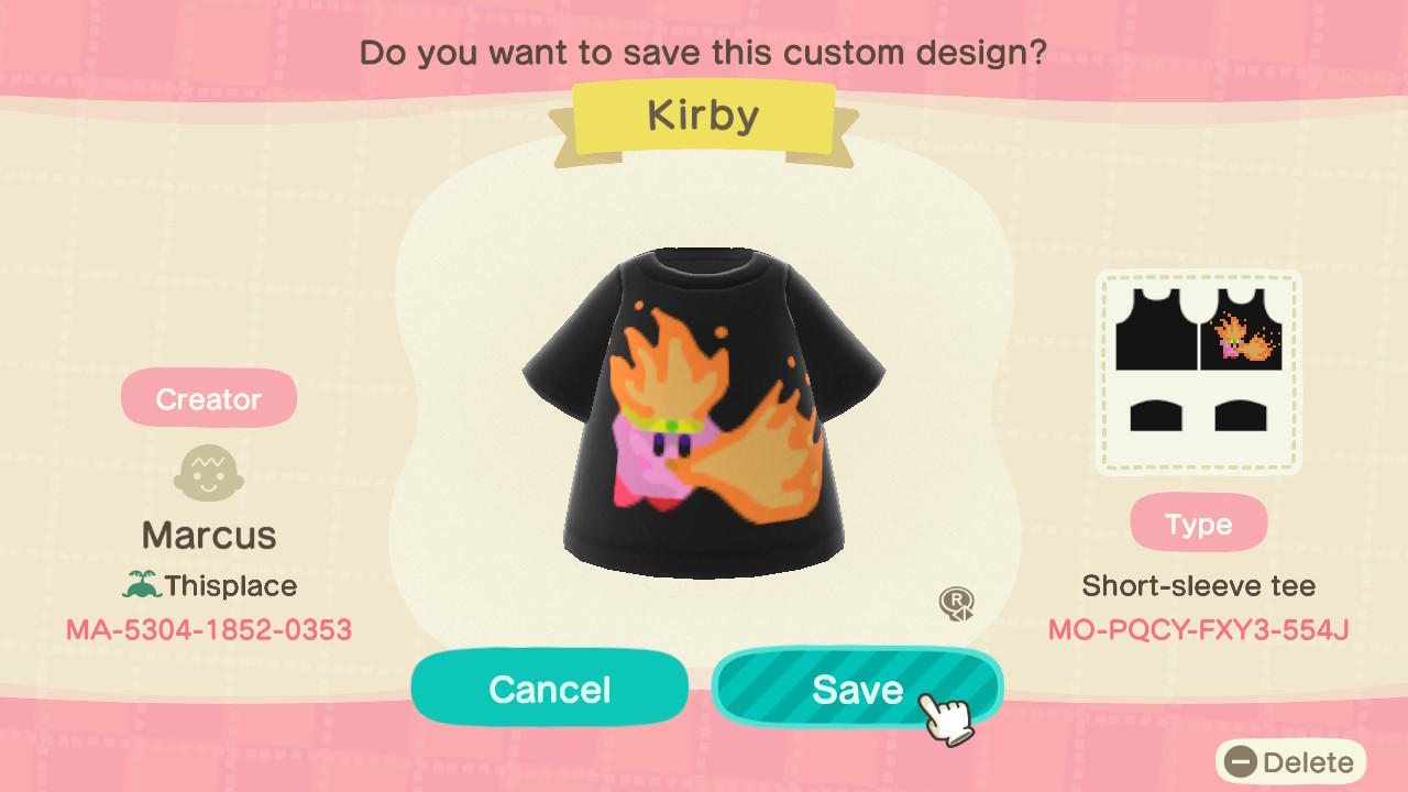 Animal Crossing Design Code: MO-PQCY-FXY3-554J Fire Kirby