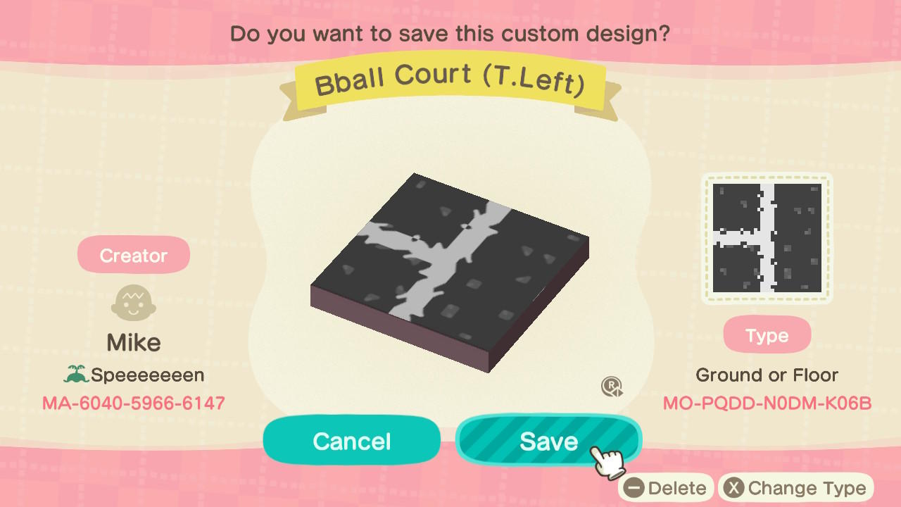 Animal Crossing Design Code: MO-PQDD-N0DM-K06B Bball Court (T.Left)