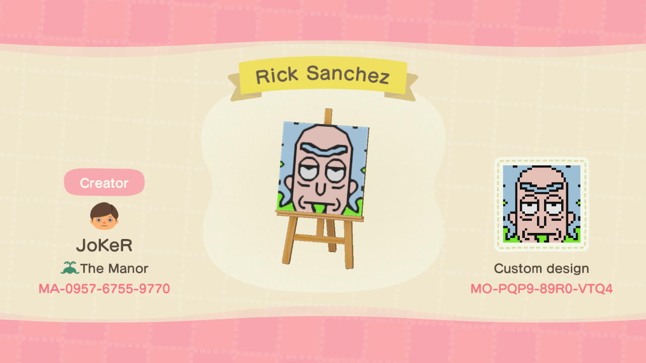 Animal Crossing Design Code: MO-PQP9-89R0-VTQ4 Rick Sanchez