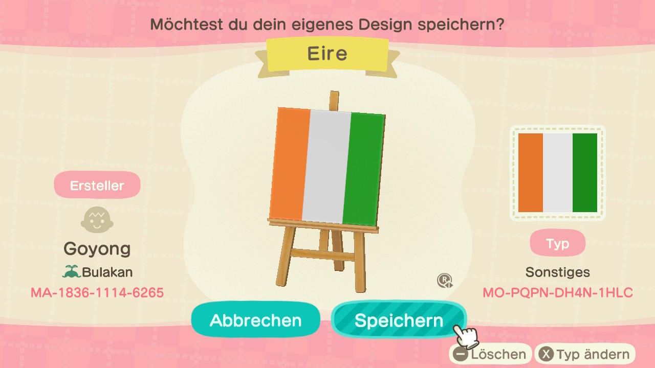 Animal Crossing Design Code: MO-PQPN-DH4N-1HLC Ireland