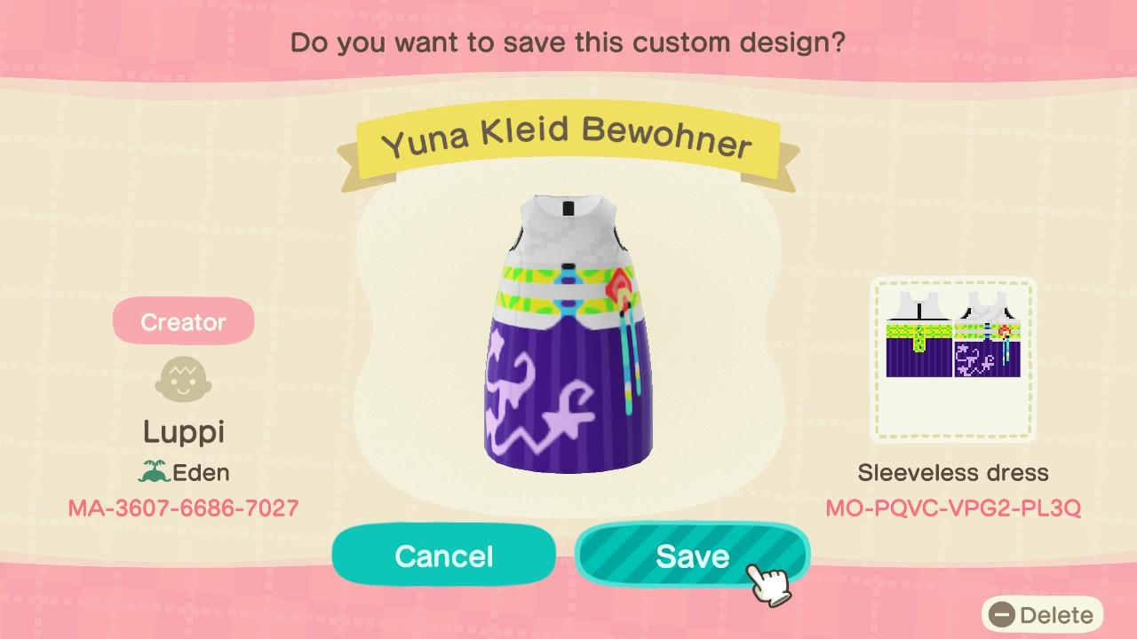Animal Crossing Design Code: MO-PQVC-VPG2-PL3Q Yuna Dress w/o skin