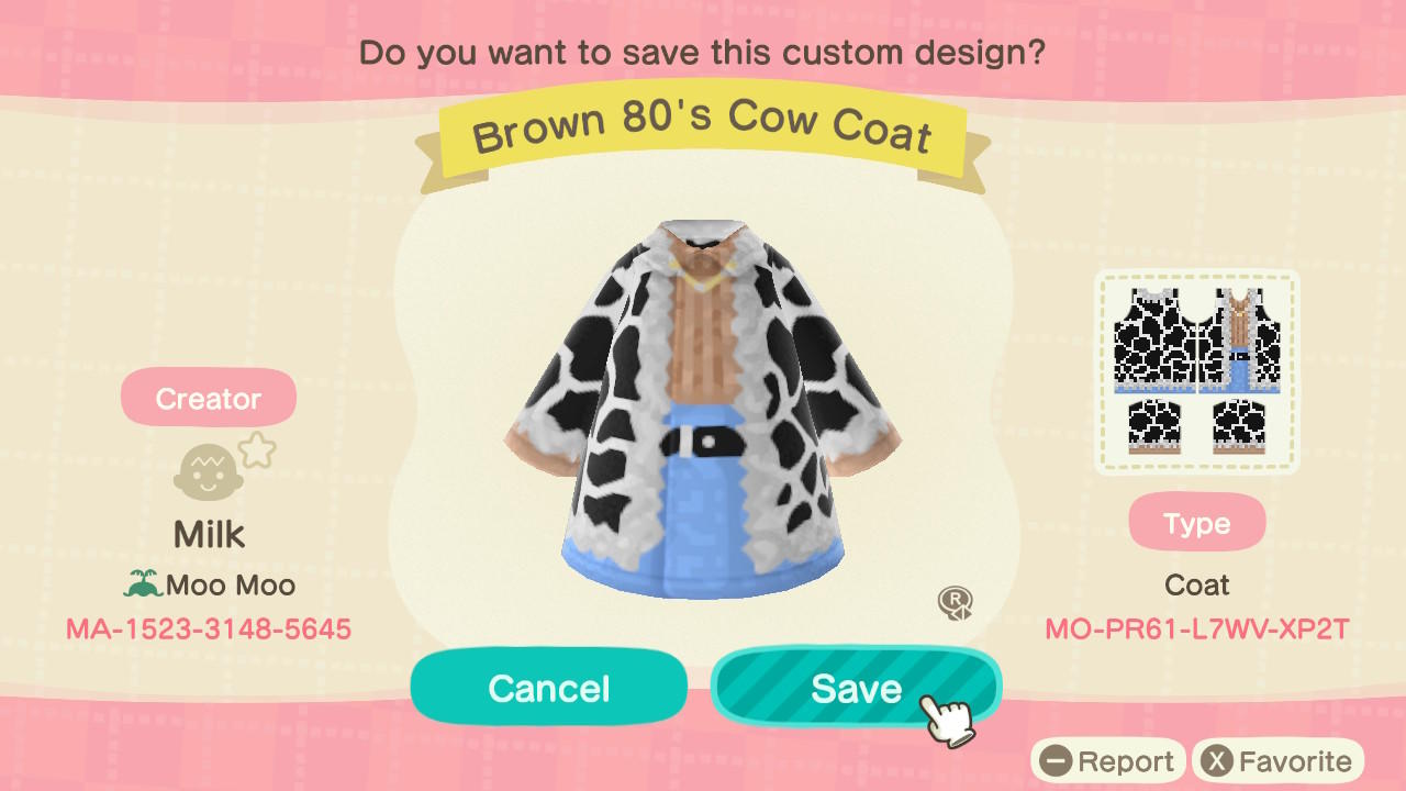 Animal Crossing Design Code: MO-PR61-L7WV-XP2T Brown 80s Cow Coat