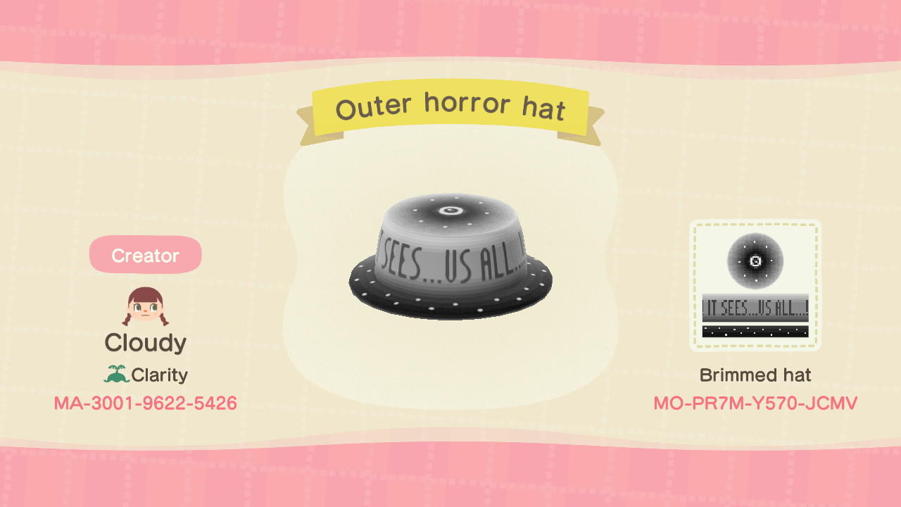 Animal Crossing Design Code: MO-PR7M-Y570-JCMV Outer horror hat