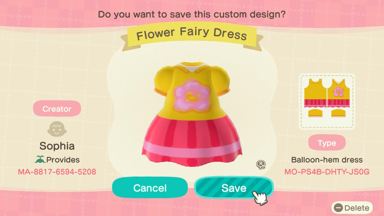 Animal Crossing Design Code: MO-PS4B-DHTY-JS0G Flower Fairy Dress