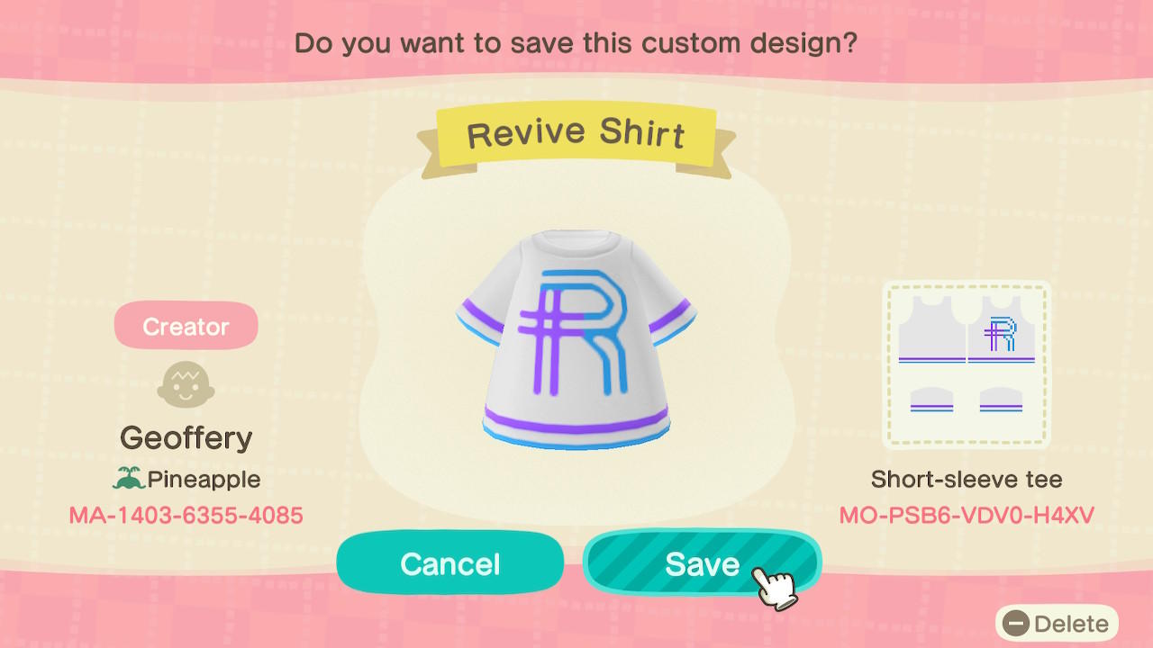 Animal Crossing Design Code: MO-PSB6-VDV0-H4XV Revive Shirt