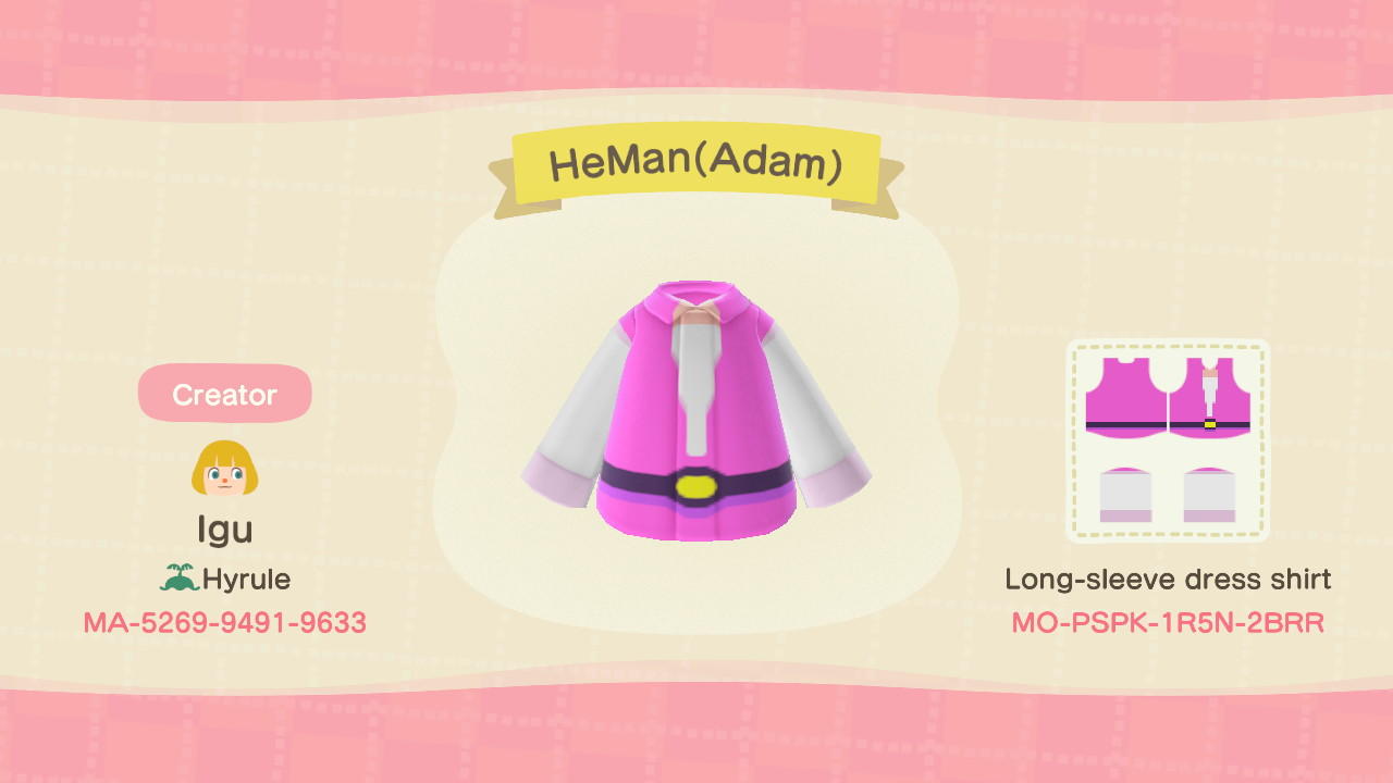 Animal Crossing Design Code: MO-PSPK-1R5N-2BRR HeMan(Adam)