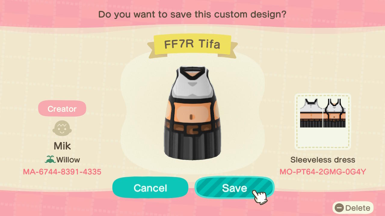 Animal Crossing Design Code: MO-PT64-2GMG-0G4Y FF7R Tifa