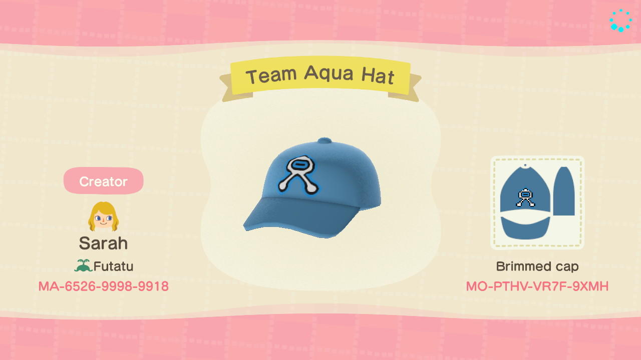 Animal Crossing Design Code: MO-PTHV-VR7F-9XMH Team Aqua Hat