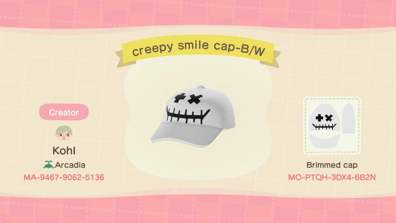 Animal Crossing Design Code: MO-PTQH-3DX4-6B2N Creepy Smile Cap-B/W