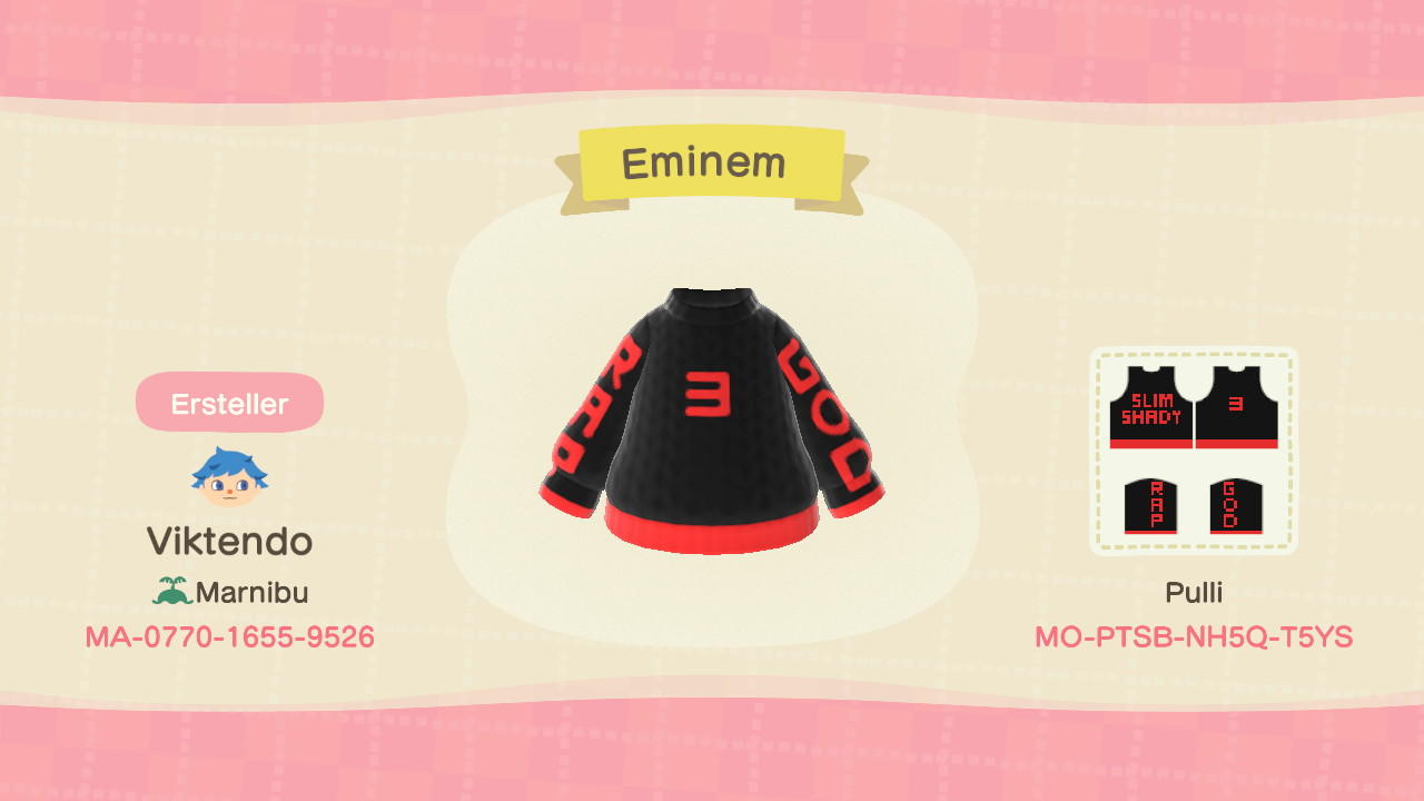 Animal Crossing Design Code: MO-PTSB-NH5Q-T5YS Eminem