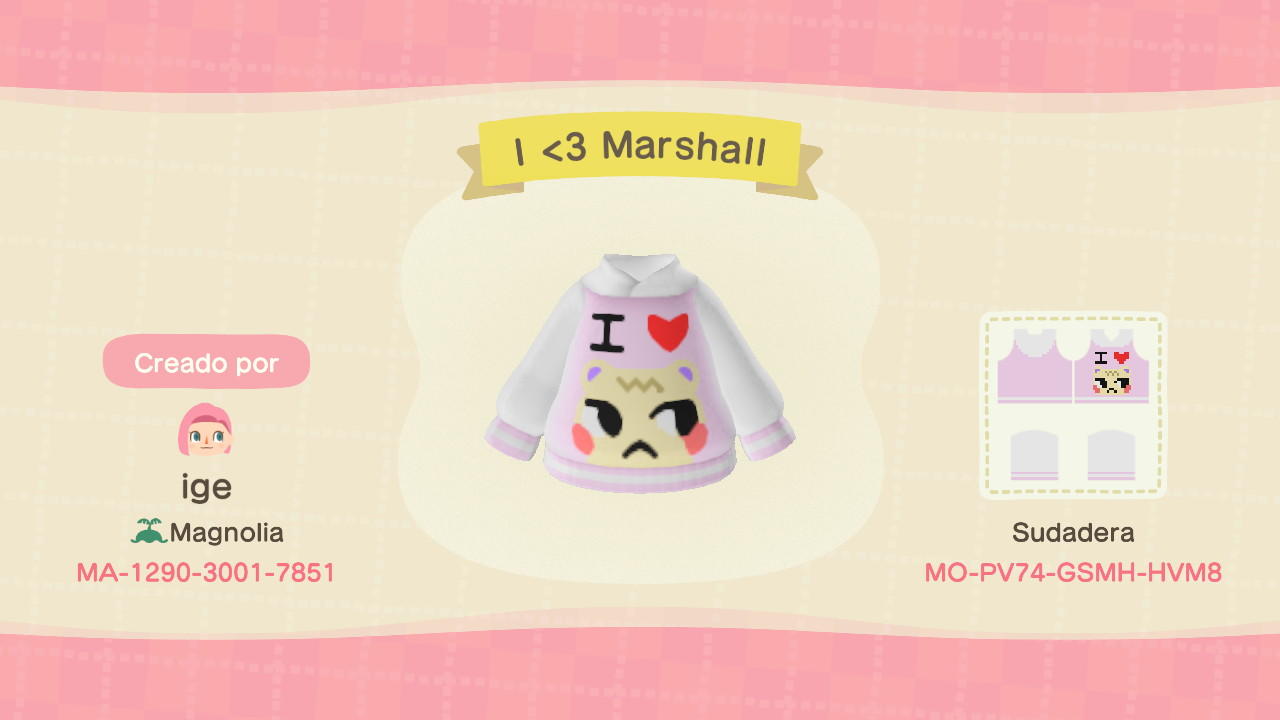 Animal Crossing Design Code: MO-PV74-GSMH-HVM8 I love Marshall