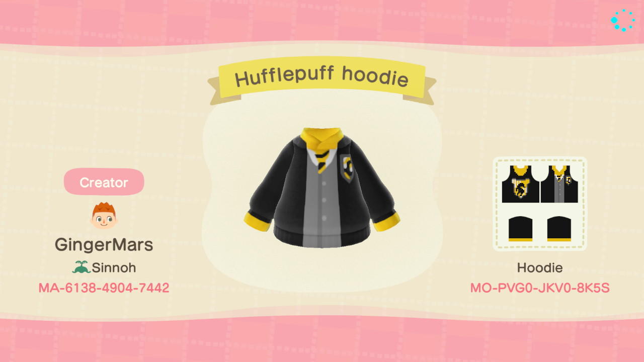 Animal Crossing Design Code: MO-PVG0-JKV0-8K5S Hufflepuff hoodie
