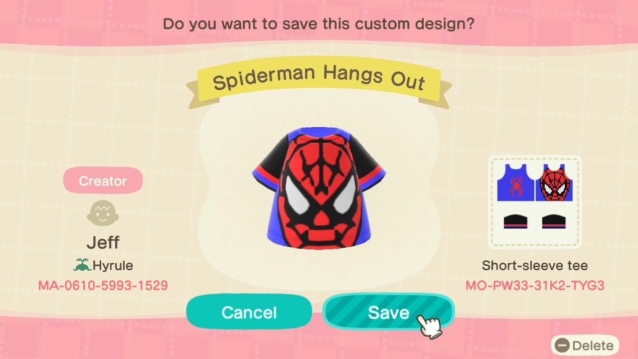 Animal Crossing Design Code: MO-PW33-31K2-TYG3 Spiderman Hangs Out
