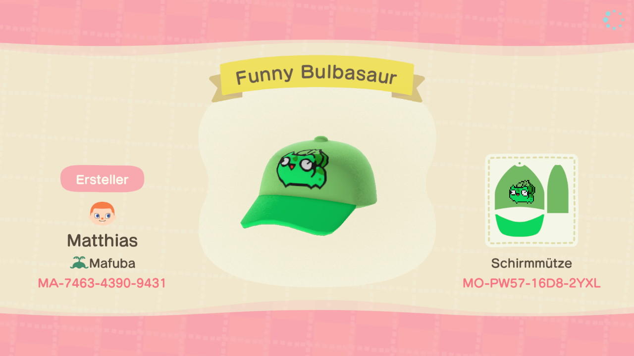 Animal Crossing Design Code: MO-PW57-16D8-2YXL Funny Bulbasaur