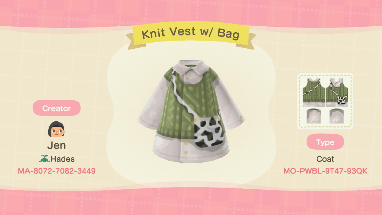 Animal Crossing Design Code: MO-PWBL-9T47-93QK Knit Vest w/ Bag