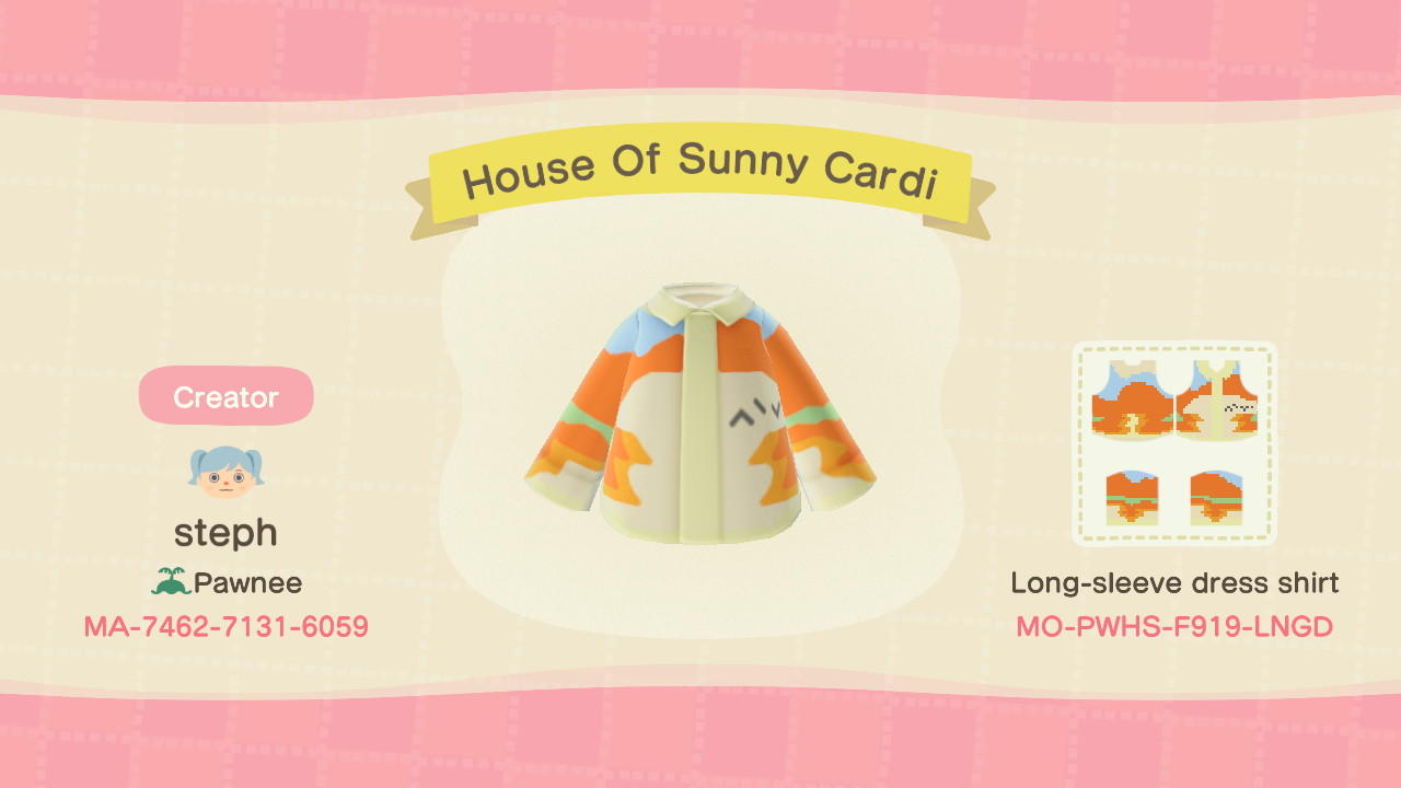 Animal Crossing Design Code: MO-PWHS-F919-LNGD House Of Sunny Cardi