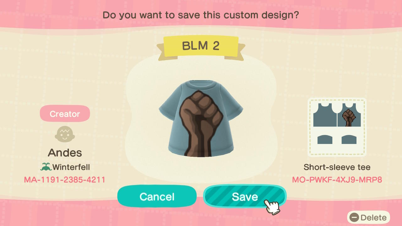 Animal Crossing Design Code: MO-PWKF-4XJ9-MRP8 BLM 2