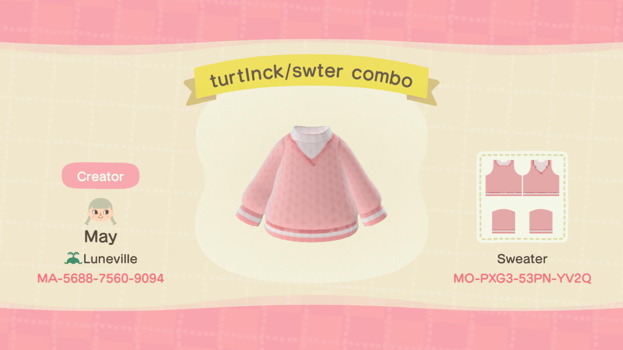 Animal Crossing Design Code: MO-PXG3-53PN-YV2Q turtlnck/swter combo