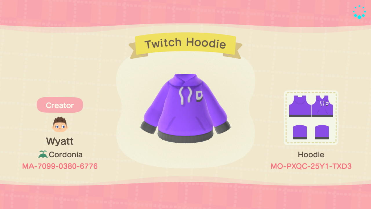 Animal Crossing Design Code: MO-PXQC-25Y1-TXD3 Twitch Hoodie