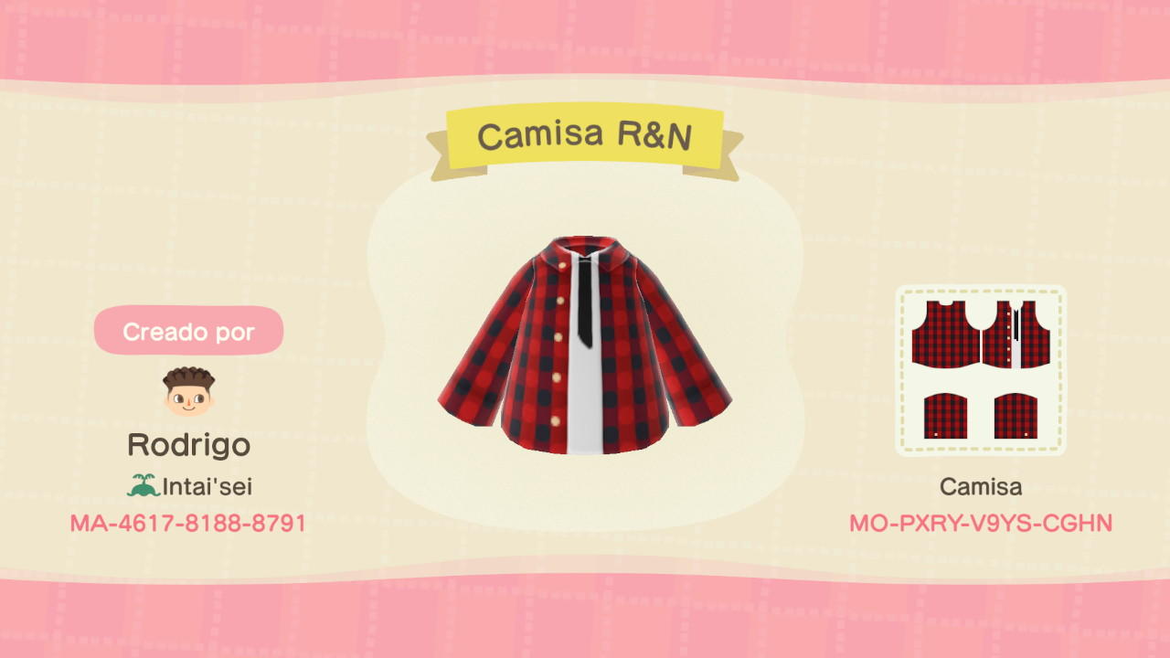 Animal Crossing Design Code: MO-PXRY-V9YS-CGHN Camisa R&N