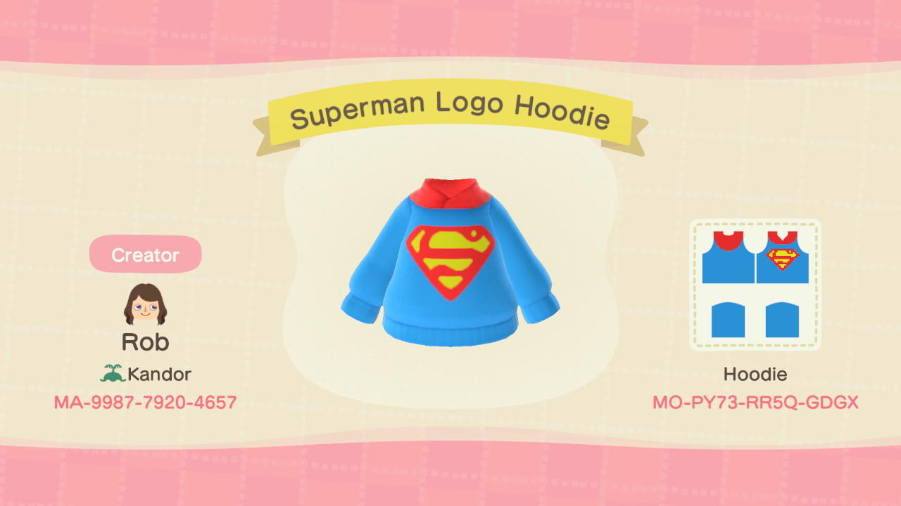 Animal Crossing Design Code: MO-PY73-RR5Q-GDGX Superman Logo Hoodie