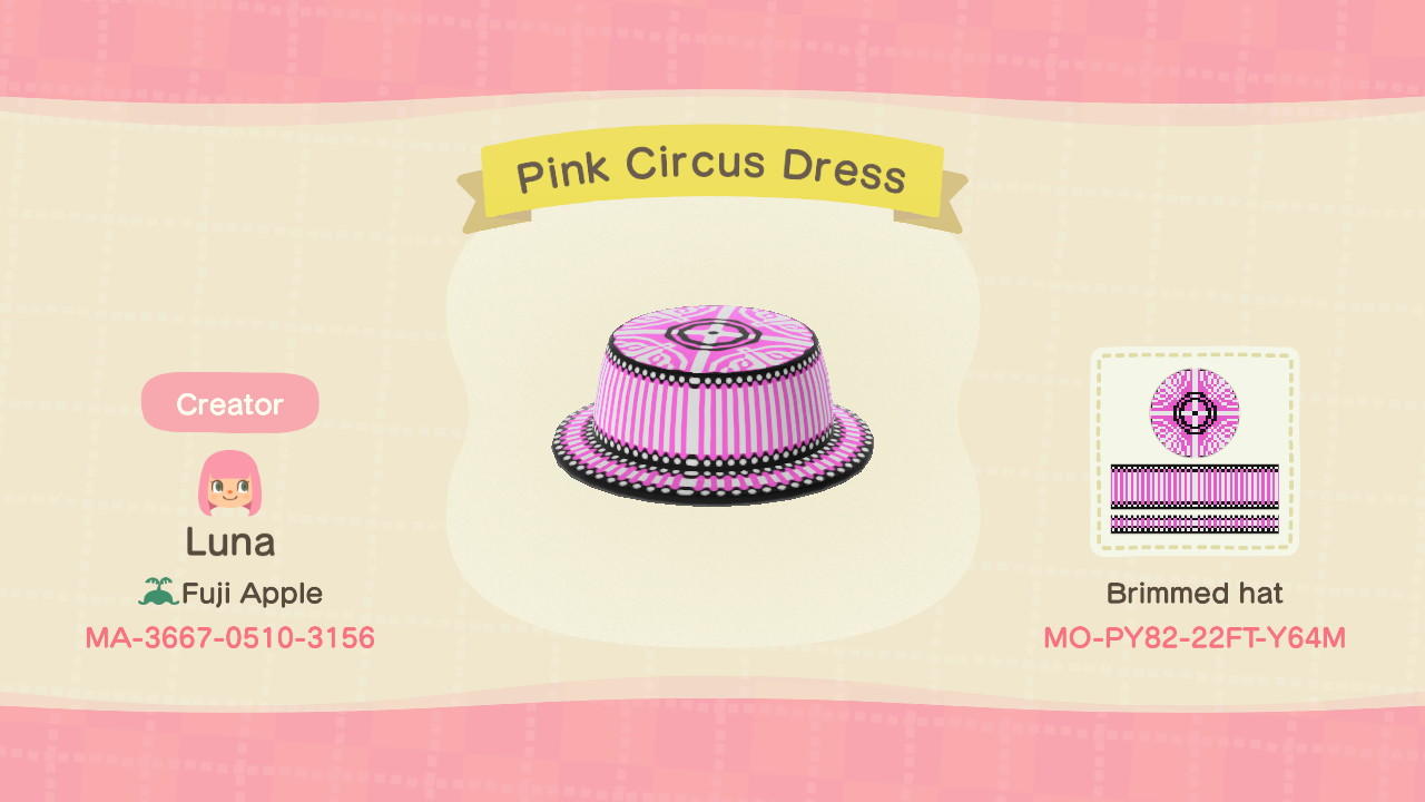 Animal Crossing Design Code: MO-PY82-22FT-Y64M Pink Circus Hat