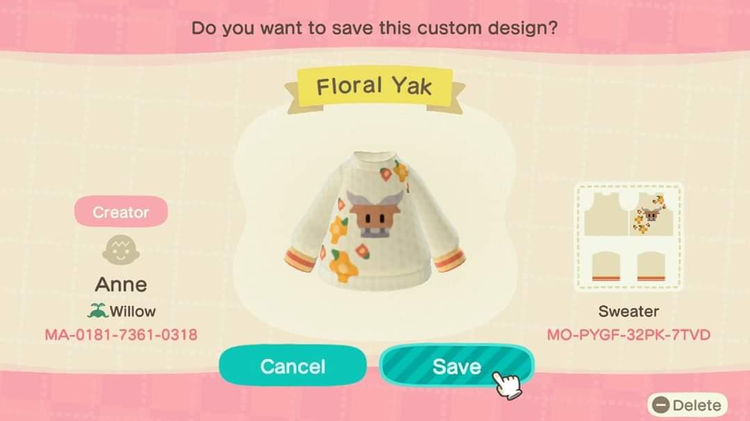 Animal Crossing Design Code: MO-PYGF-32PK-7TVD Floral Yak