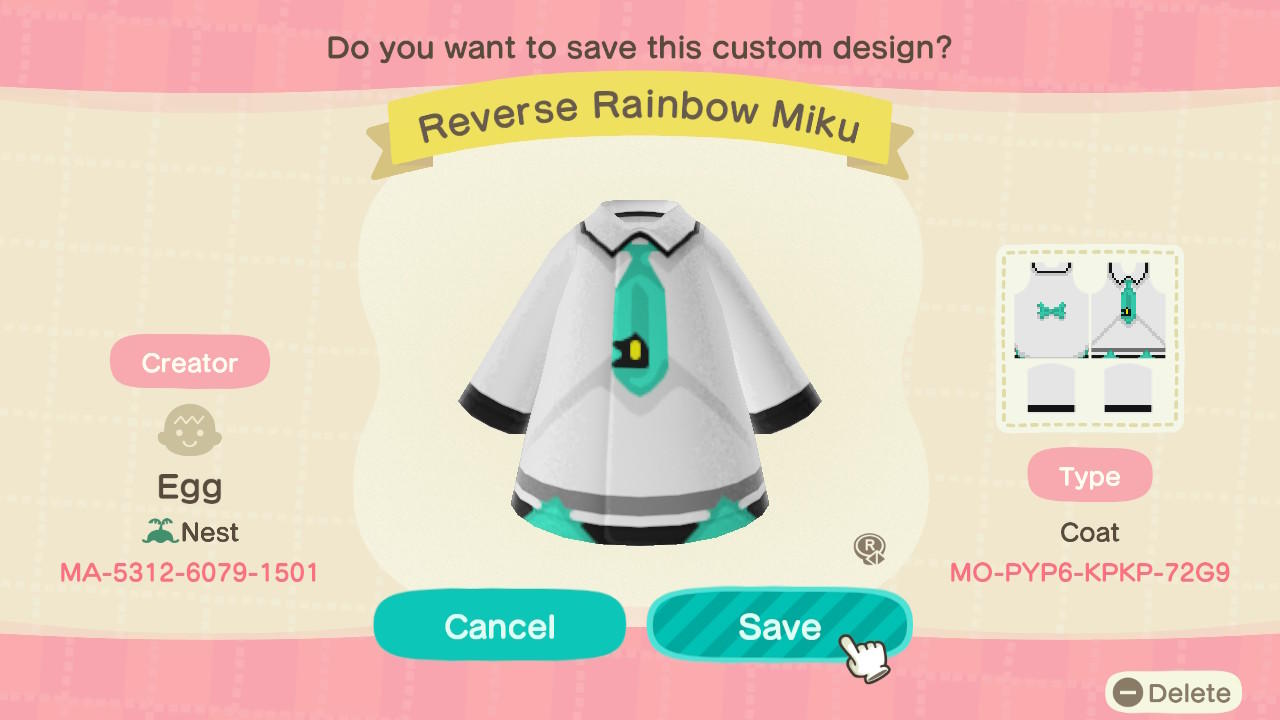 Animal Crossing Design Code: MO-PYP6-KPKP-72G9 Reverse Rainbow Miku