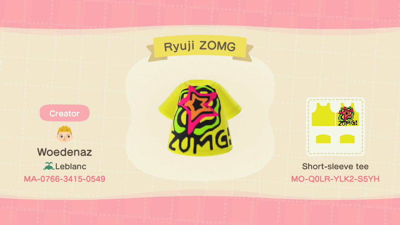 Animal Crossing Design Code: MO-Q0LR-YLK2-S5YH Ryuji ZOMG