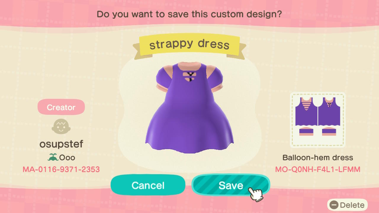 Animal Crossing Design Code: MO-Q0NH-F4L1-LFMM Strappy Dress