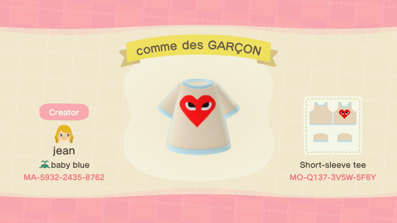 Animal Crossing Design Code: MO-Q137-3V5W-5F6Y Comme Des Garçon