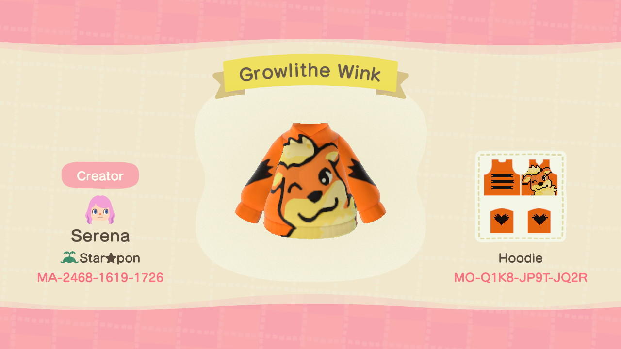 Animal Crossing Design Code: MO-Q1K8-JP9T-JQ2R Growlithe Wink