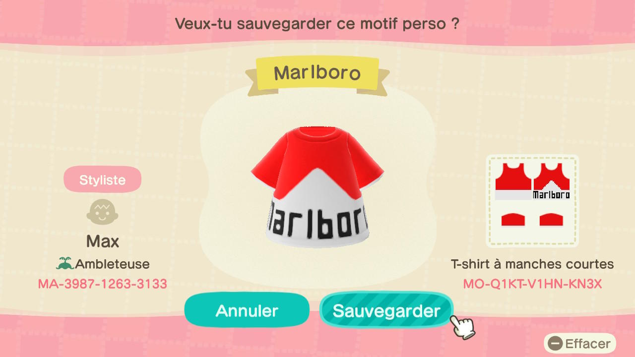 Animal Crossing Design Code: MO-Q1KT-V1HN-KN3X Marlboro