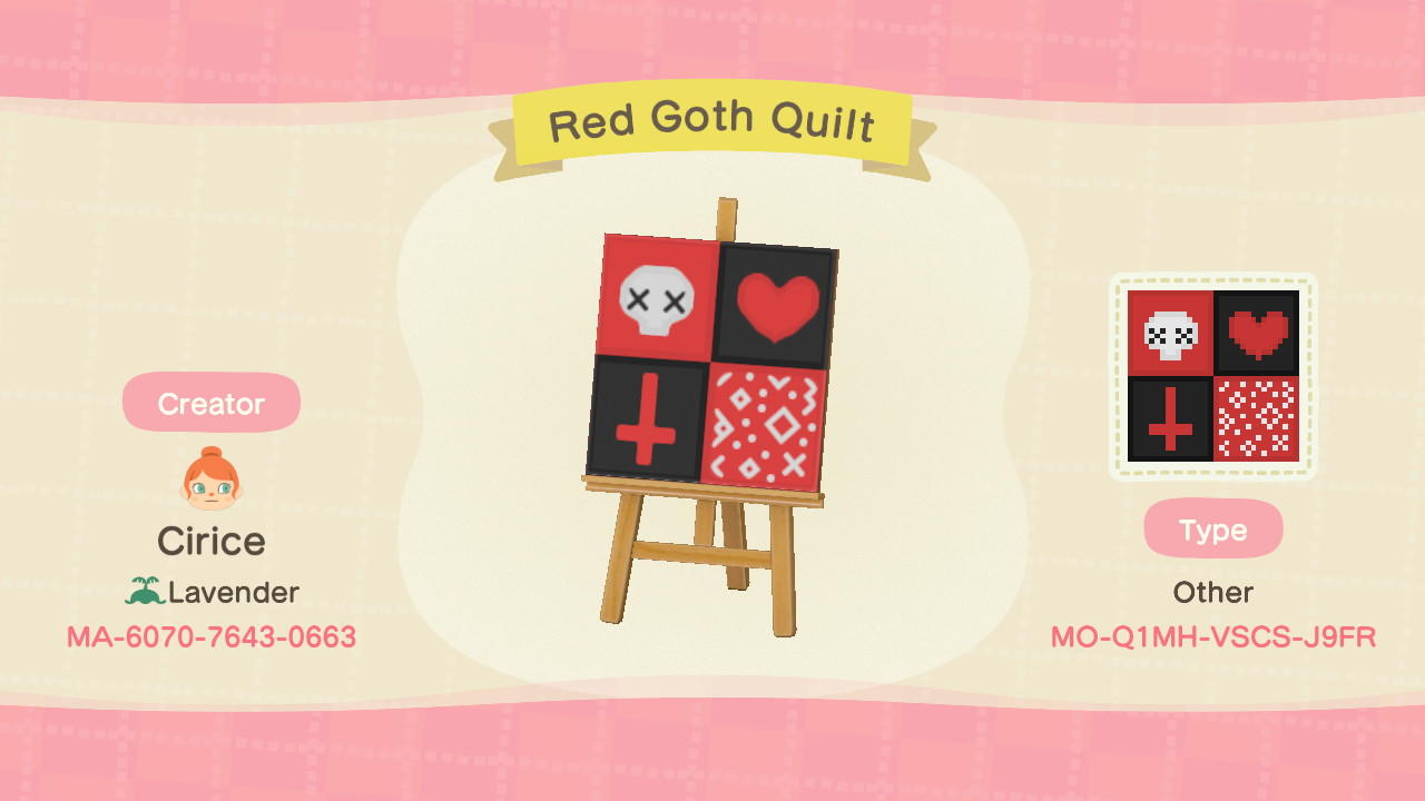 Animal Crossing Design Code: MO-Q1MH-VXCX-J9FR Red Goth Quilt