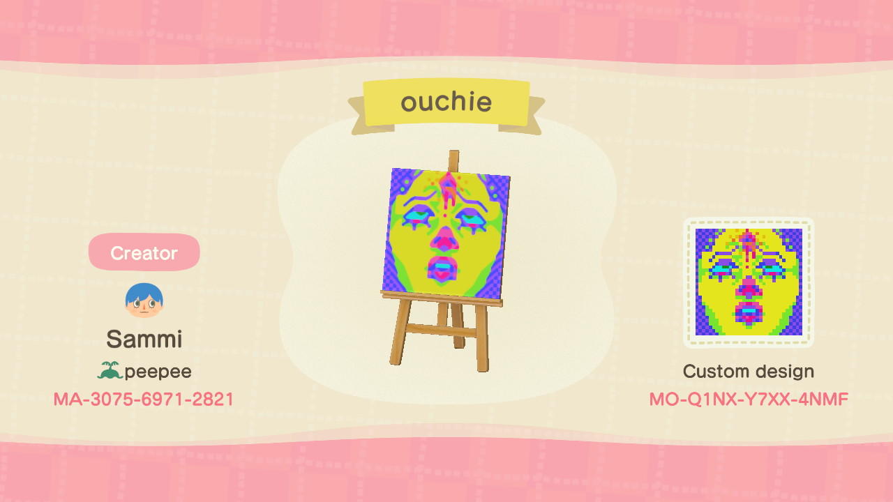 Animal Crossing Design Code: MO-Q1NX-Y7XX-4NMF ouchie