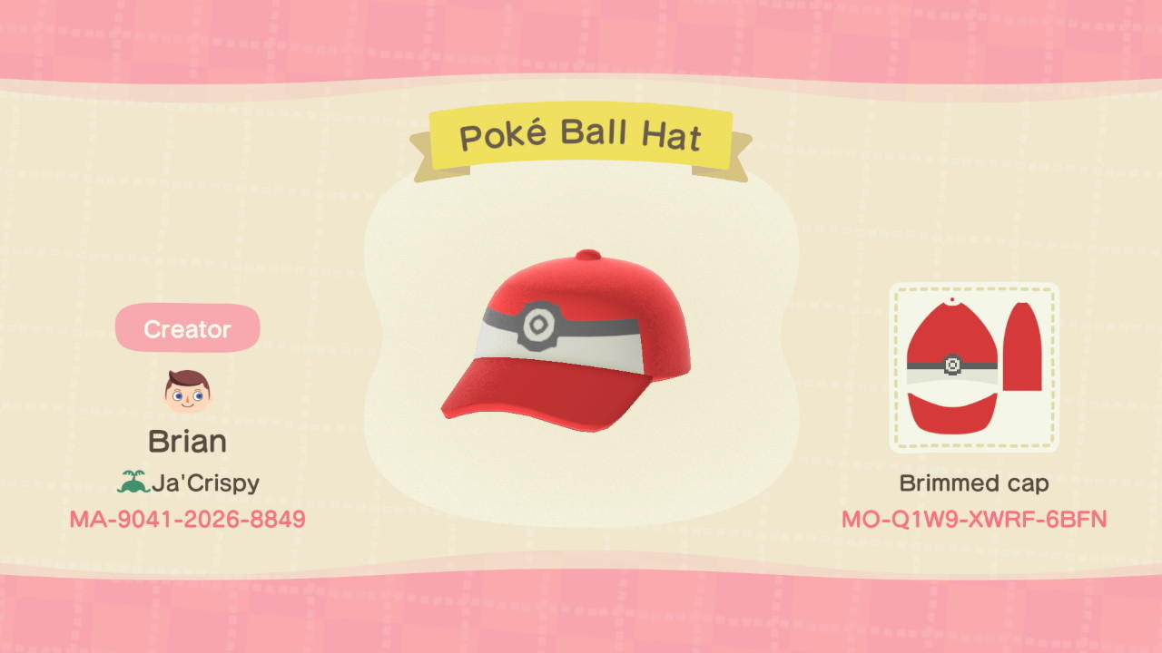 Animal Crossing Design Code: MO-Q1W9-XWRF-6BFN Poké Ball Hat