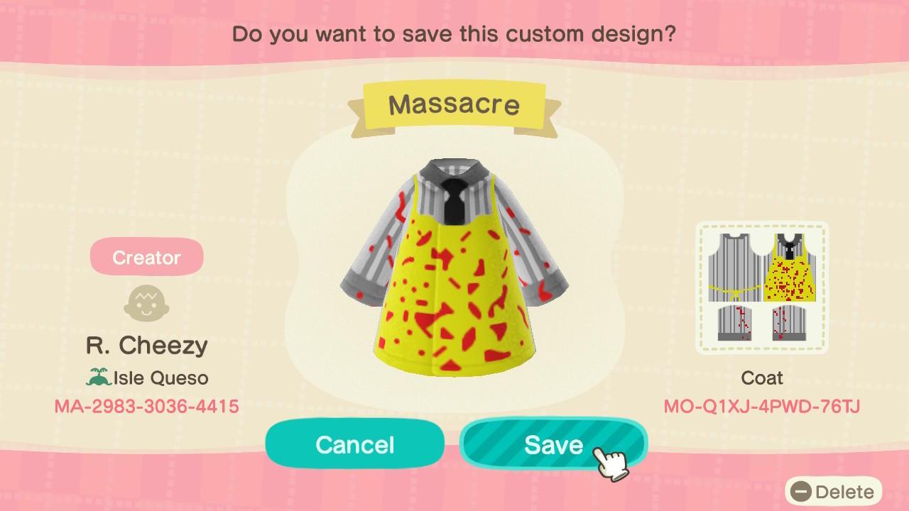 Animal Crossing Design Code: MO-Q1XJ-4PWD-76TJ Massacre