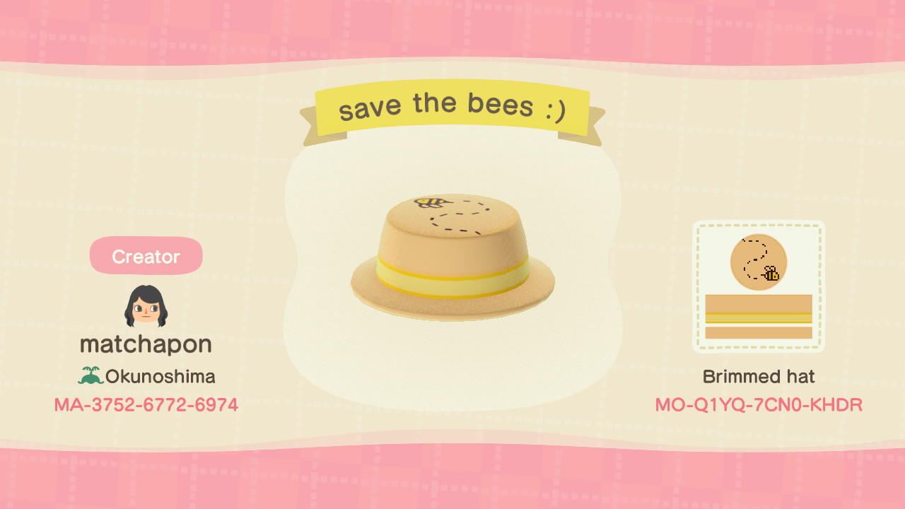 Animal Crossing Design Code: MO-Q1YQ-7CN0-KHDR save the bees :)