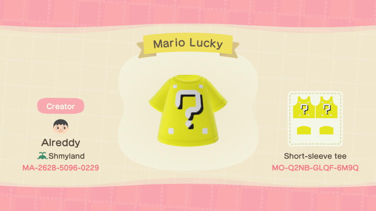 Animal Crossing Design Code: MO-Q2NB-GLQF-6M9Q Mario Lucky