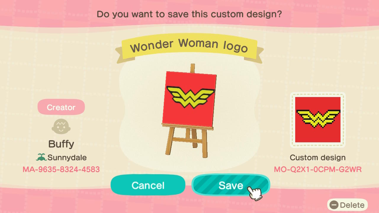 Animal Crossing Design Code: MO-Q2X1-0CPM-G2WR Wonder Woman Logo