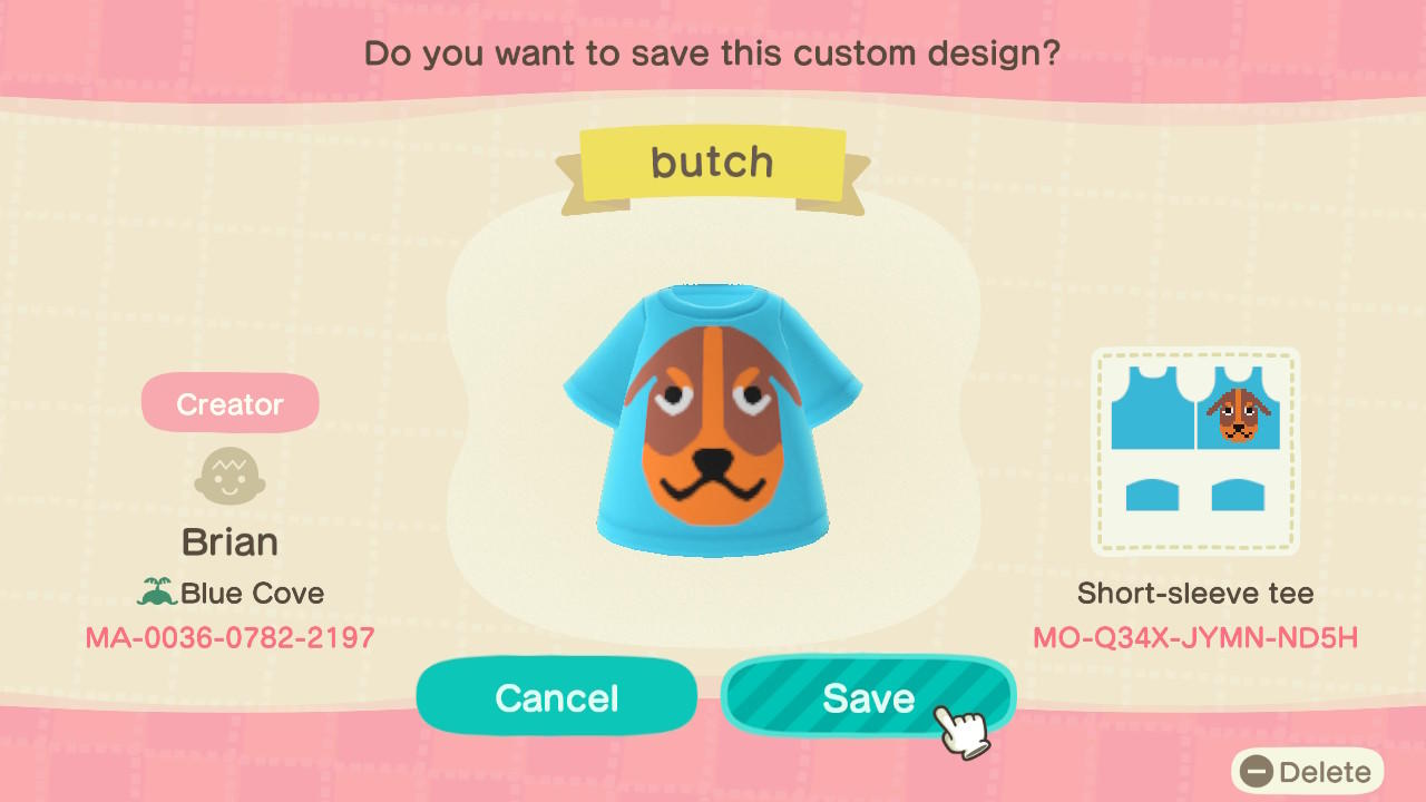 Animal Crossing Design Code: MO-Q34X-JYMN-ND5H Butch t-shirt