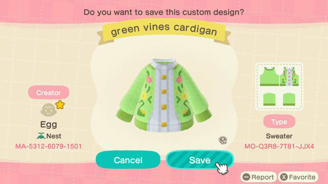 Animal Crossing Design Code: MO-Q3R8-7T81-JJX4 Green Vines Cardigan