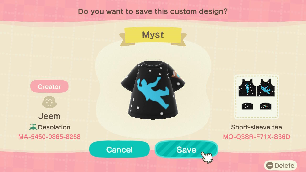 Animal Crossing Design Code: MO-Q3SR-F71X-S36D Myst