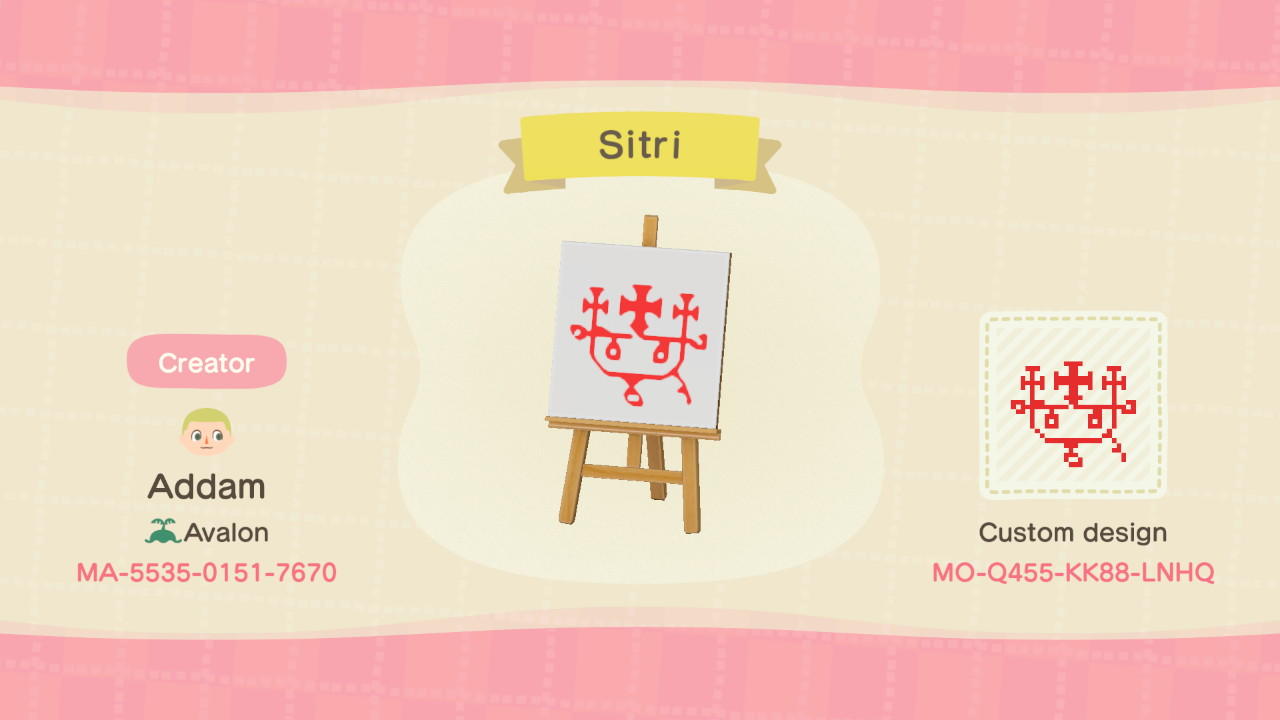 Animal Crossing Design Code: MO-Q455-KK88-LNHQ Sitri